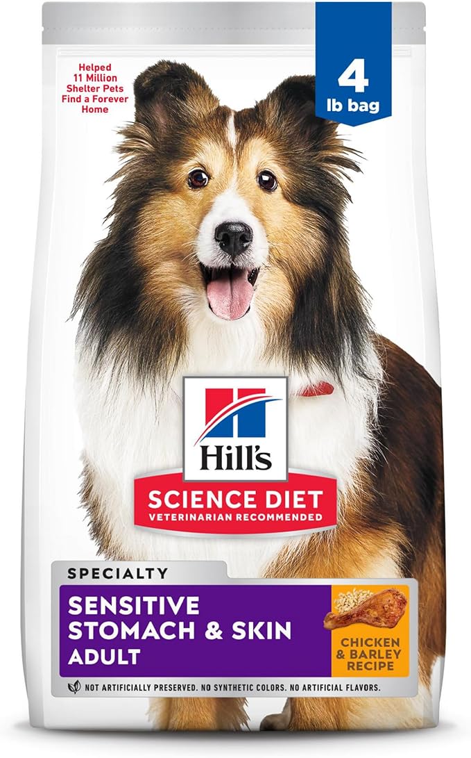 81W7U0Z2pcL._AC_SX679_ Hill's Science Diet Sensitive Stomach & Skin, Adult 1-6, Stomach & Skin Sensitivity Support, Dry Dog Food, Chicken Recipe, 4 lb Bag - Image 1